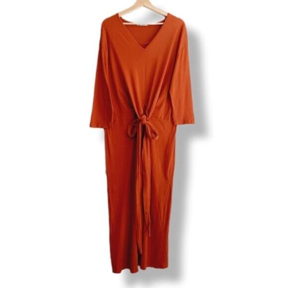 ZARA | 100% Cotton Minimalist Modern V-Neck Midi Dress Orange Sz S - Picture 3 of 16